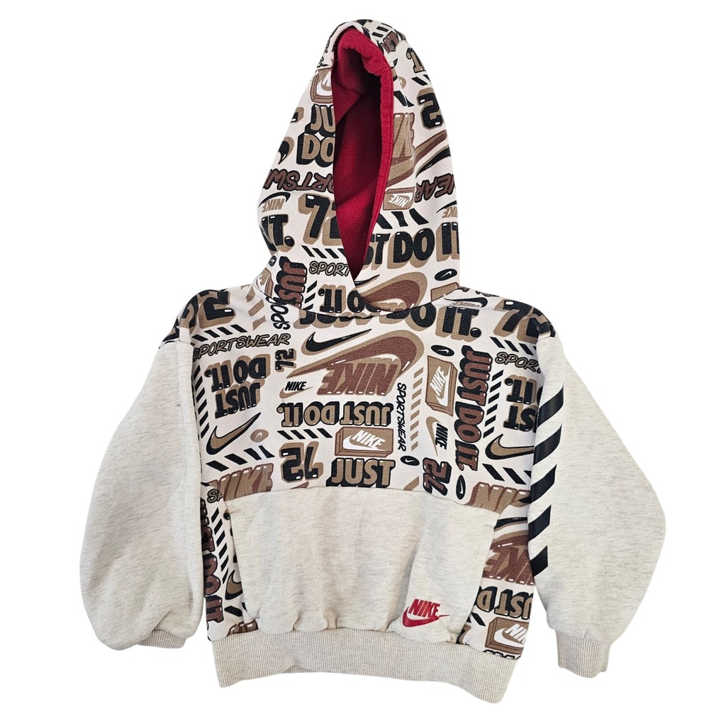 rare Nike Sportswear Kids Just Do It Logo Print Hoodie Tan Red Fleece Pullover